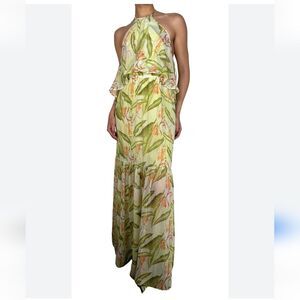BCBGeneration lime colored tropical floral print halter maxi dress S